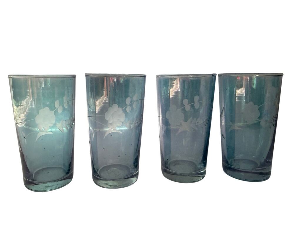 VTG Set of 4 Etched Floral Light Blue Shot Glasses-Cordial Glasses 2.5" Tall